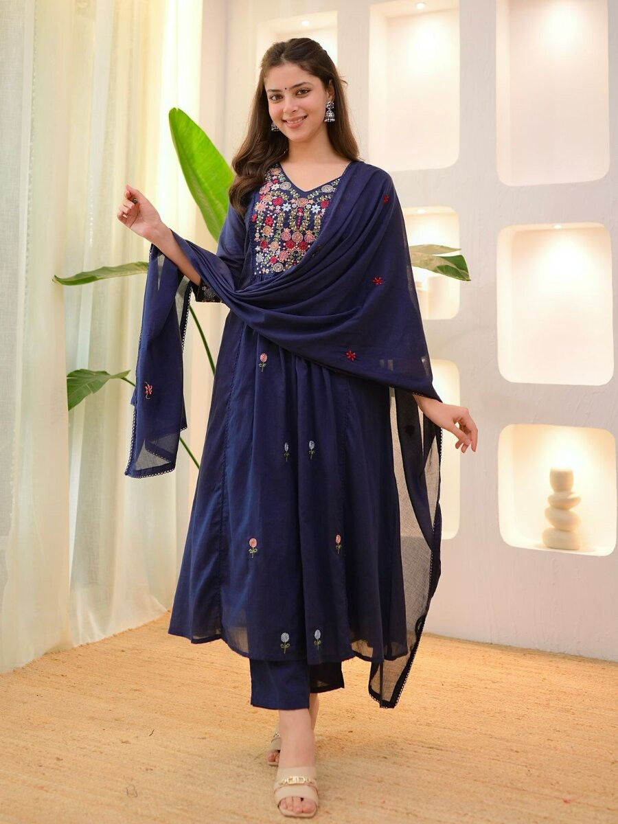 Navy Blue Cotton Embroidery Wedding Party Festival Casual Ready Pant Salwar Kameez