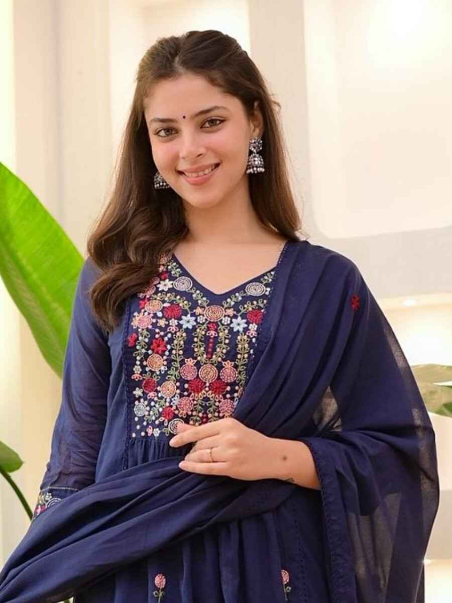 Navy Blue Cotton Embroidery Wedding Party Festival Casual Ready Pant Salwar Kameez