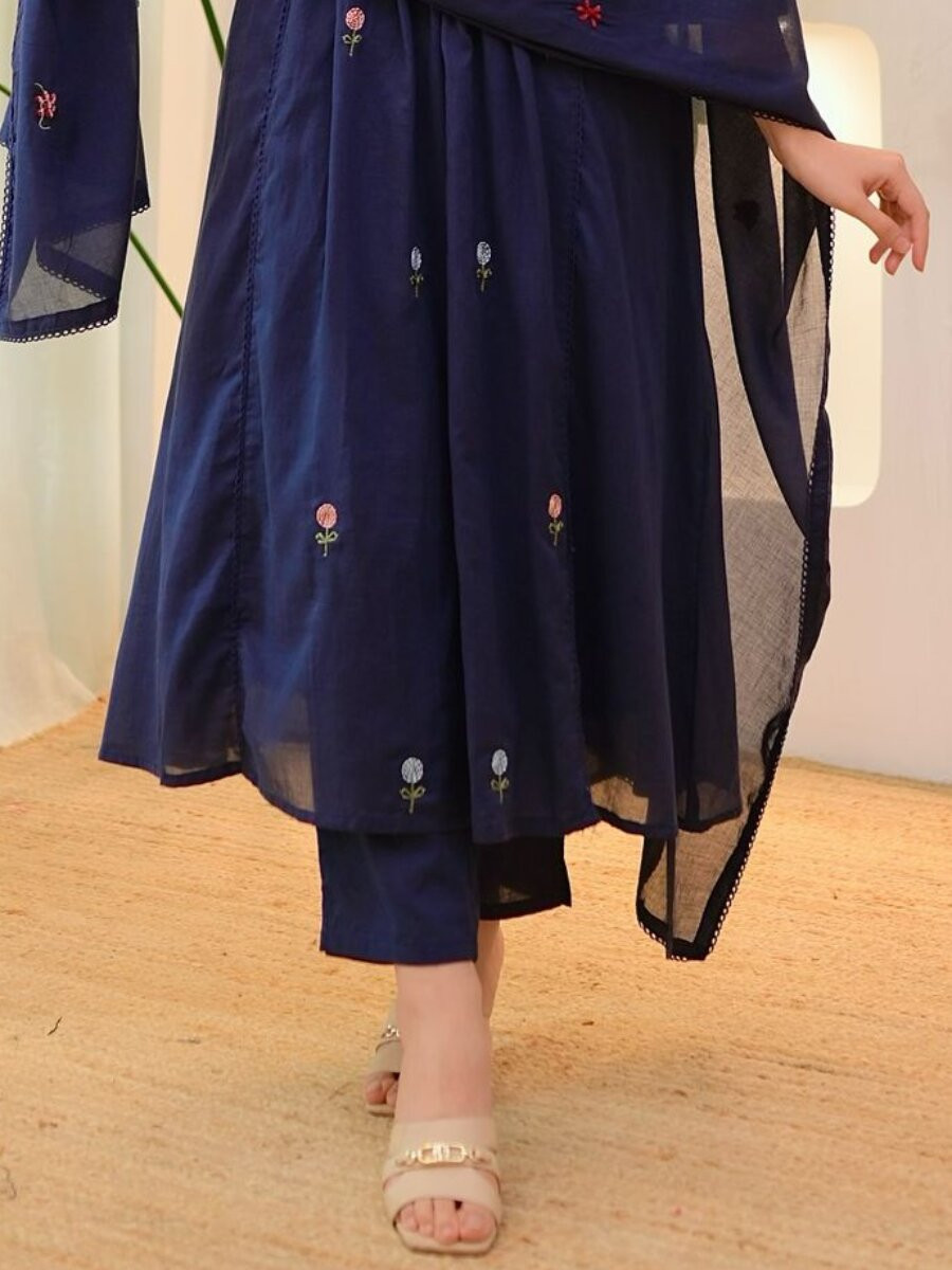 Navy Blue Cotton Embroidery Wedding Party Festival Casual Ready Pant Salwar Kameez