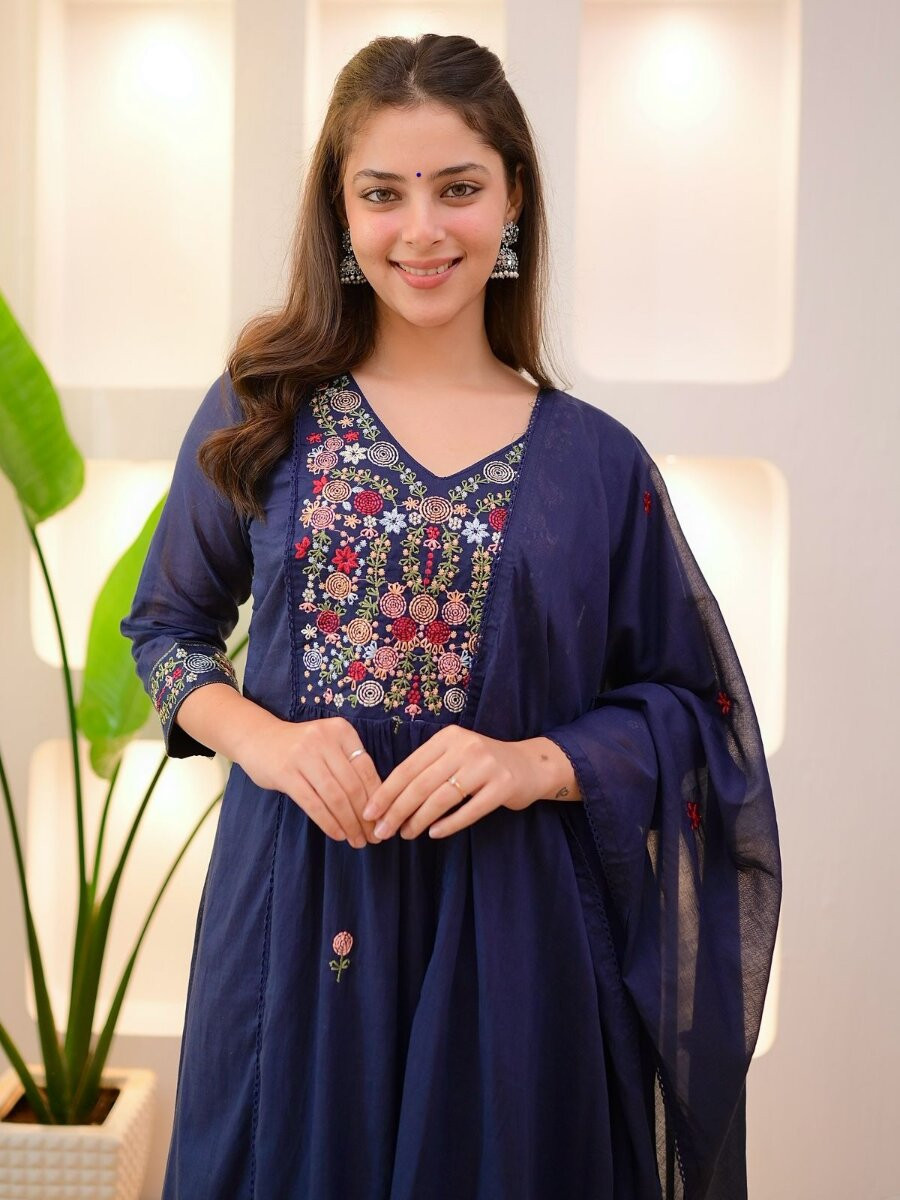 Navy Blue Cotton Embroidery Wedding Party Festival Casual Ready Pant Salwar Kameez
