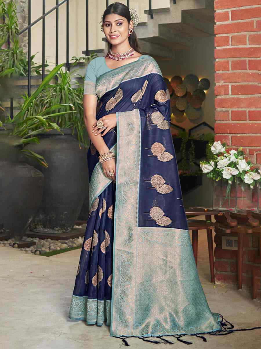 Navy Blue Cotton Handwoven Casual Festival Heavy Border Saree