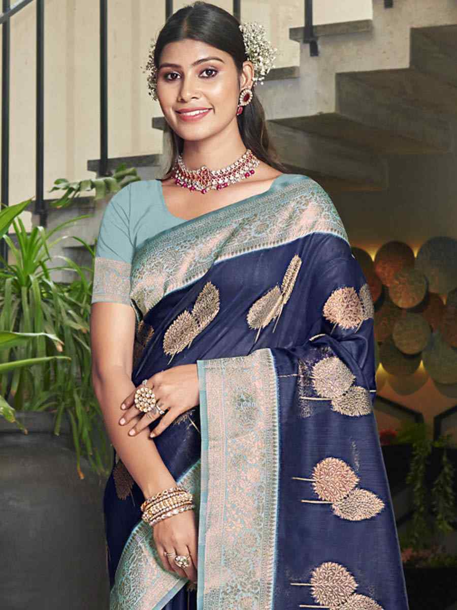 Navy Blue Cotton Handwoven Casual Festival Heavy Border Saree