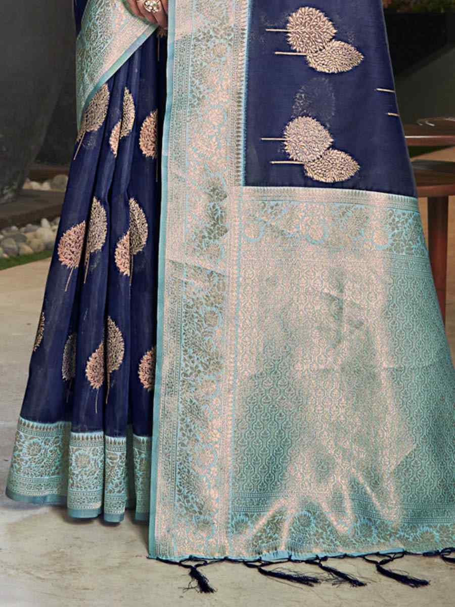Navy Blue Cotton Handwoven Casual Festival Heavy Border Saree
