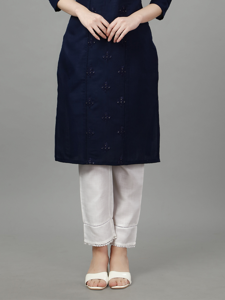 Navy Blue Cotton Handwoven Festival Casual Kurti