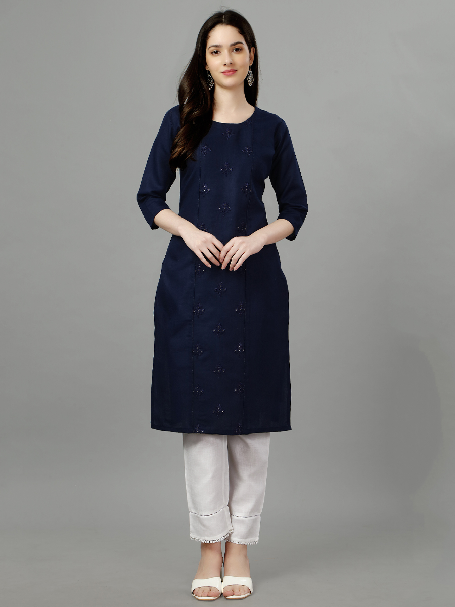 Navy Blue Cotton Handwoven Festival Casual Kurti