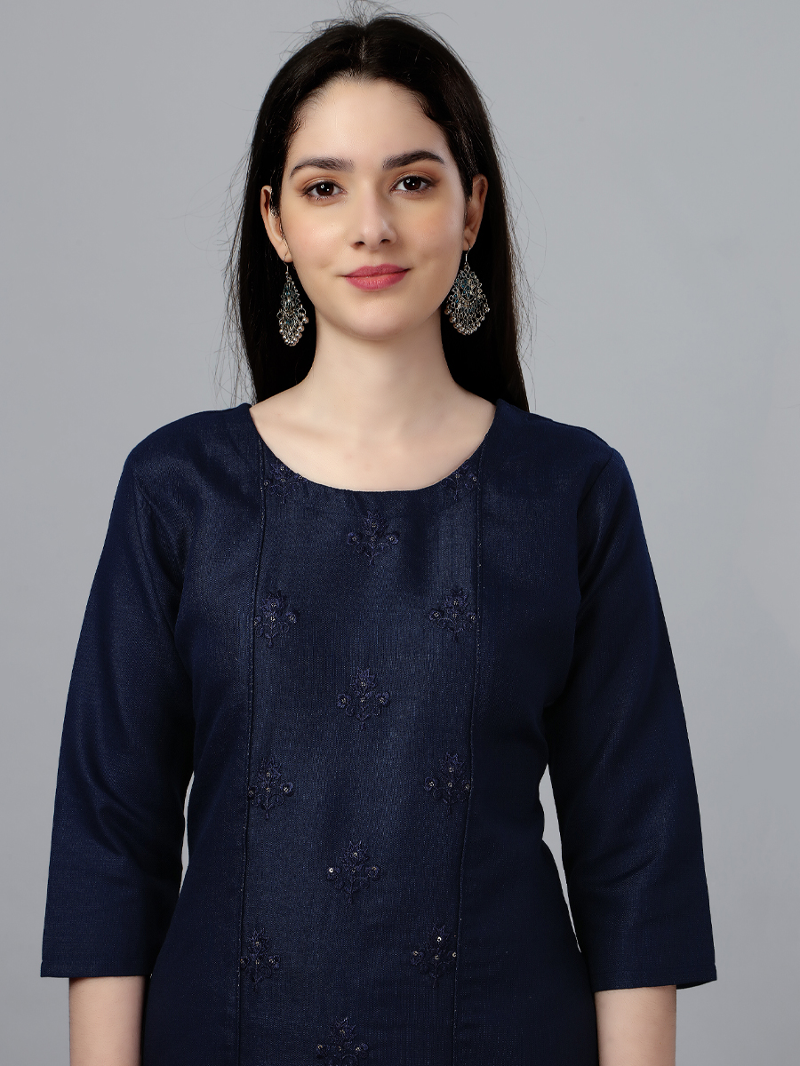 Navy Blue Cotton Handwoven Festival Casual Kurti