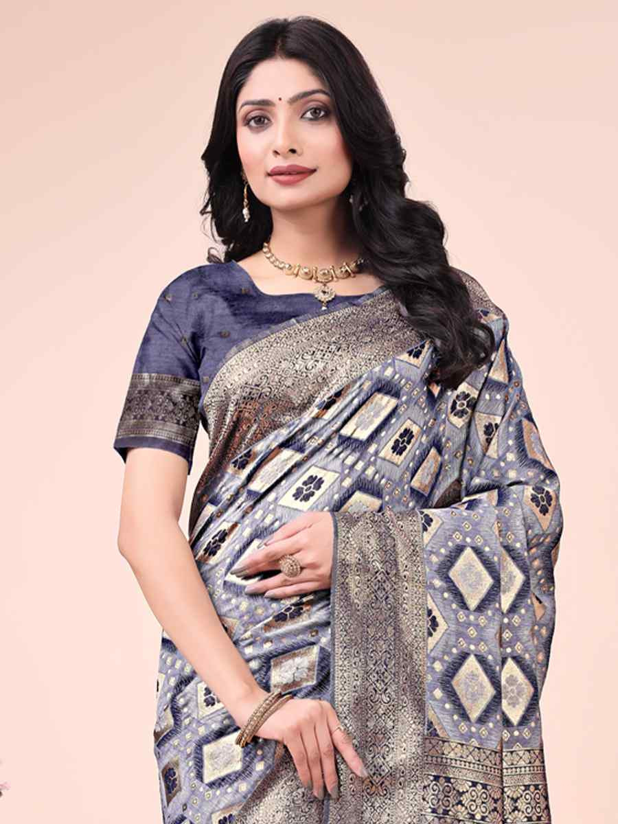 Navy Blue Cotton Handwoven Festival Wedding Fancy Heavy Border Saree