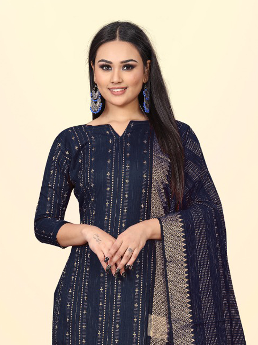 Navy Blue Cotton Jacquard Printed Casual Festival Pant Salwar Kameez