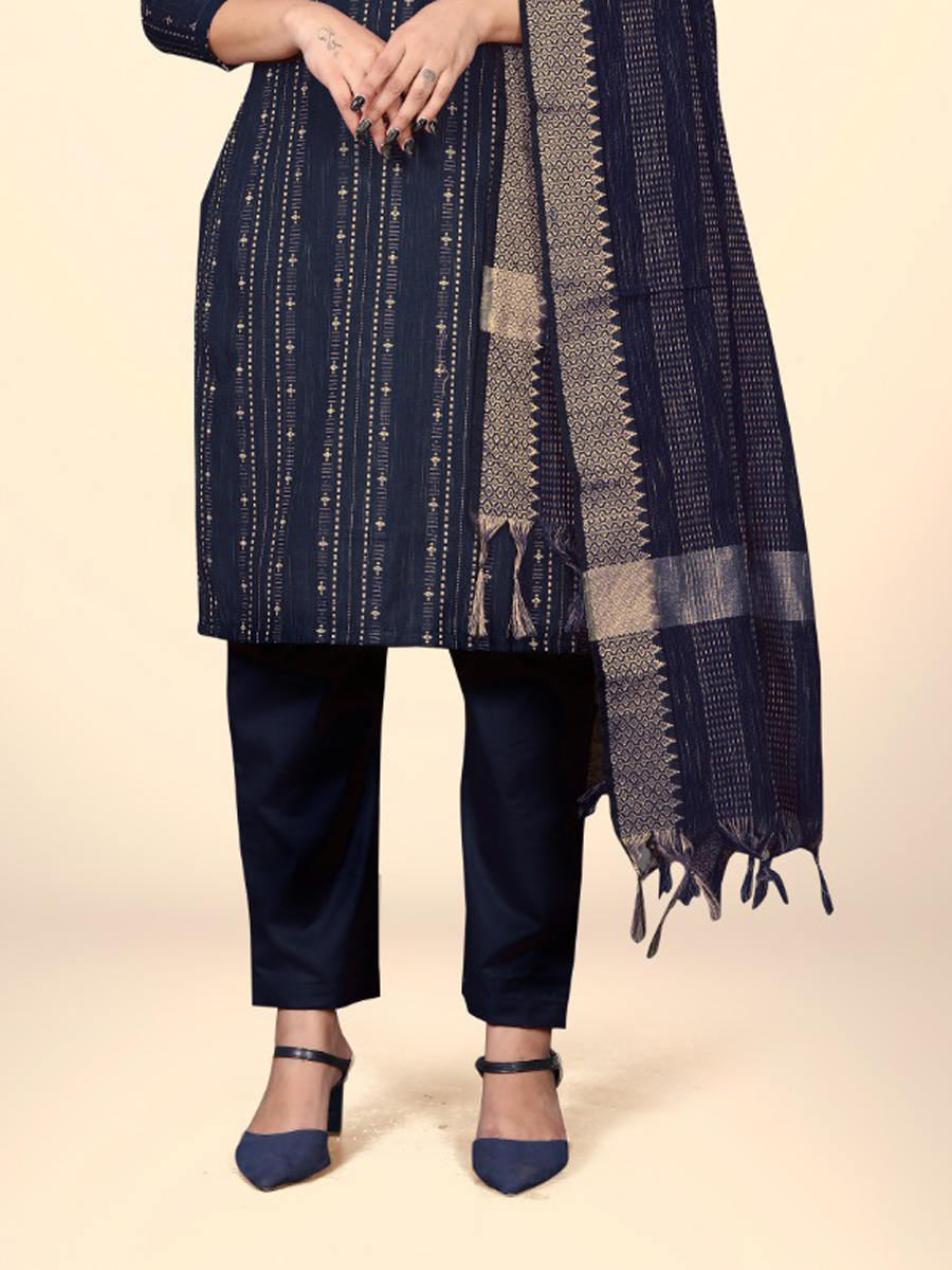Navy Blue Cotton Jacquard Printed Casual Festival Pant Salwar Kameez