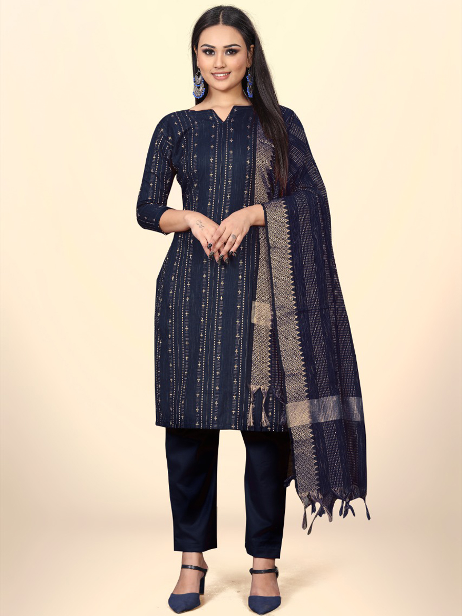 Navy Blue Cotton Jacquard Printed Casual Festival Pant Salwar Kameez