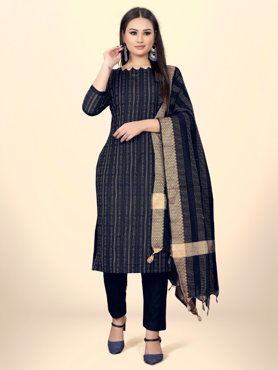 Navy Blue Cotton Jacquard Printed Casual Festival Pant Salwar Kameez