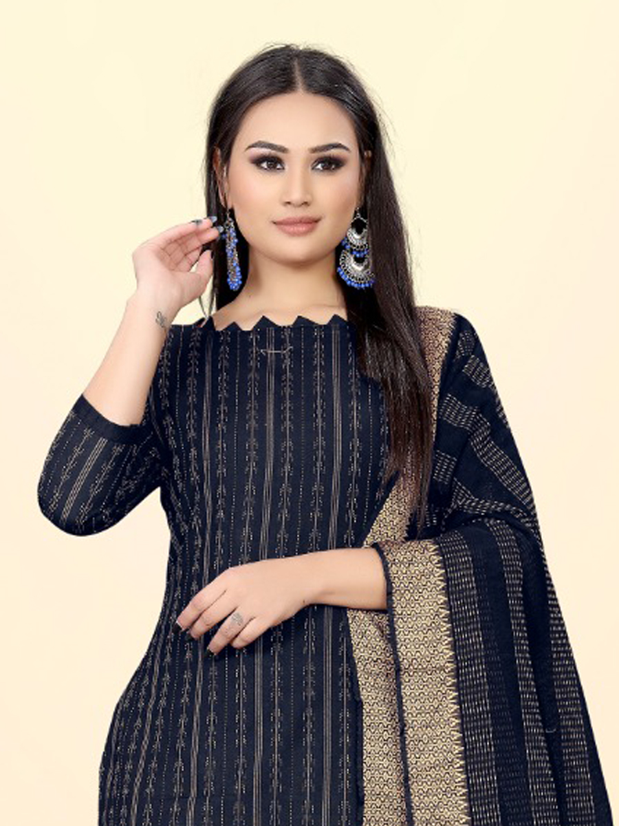 Navy Blue Cotton Jacquard Printed Casual Festival Pant Salwar Kameez