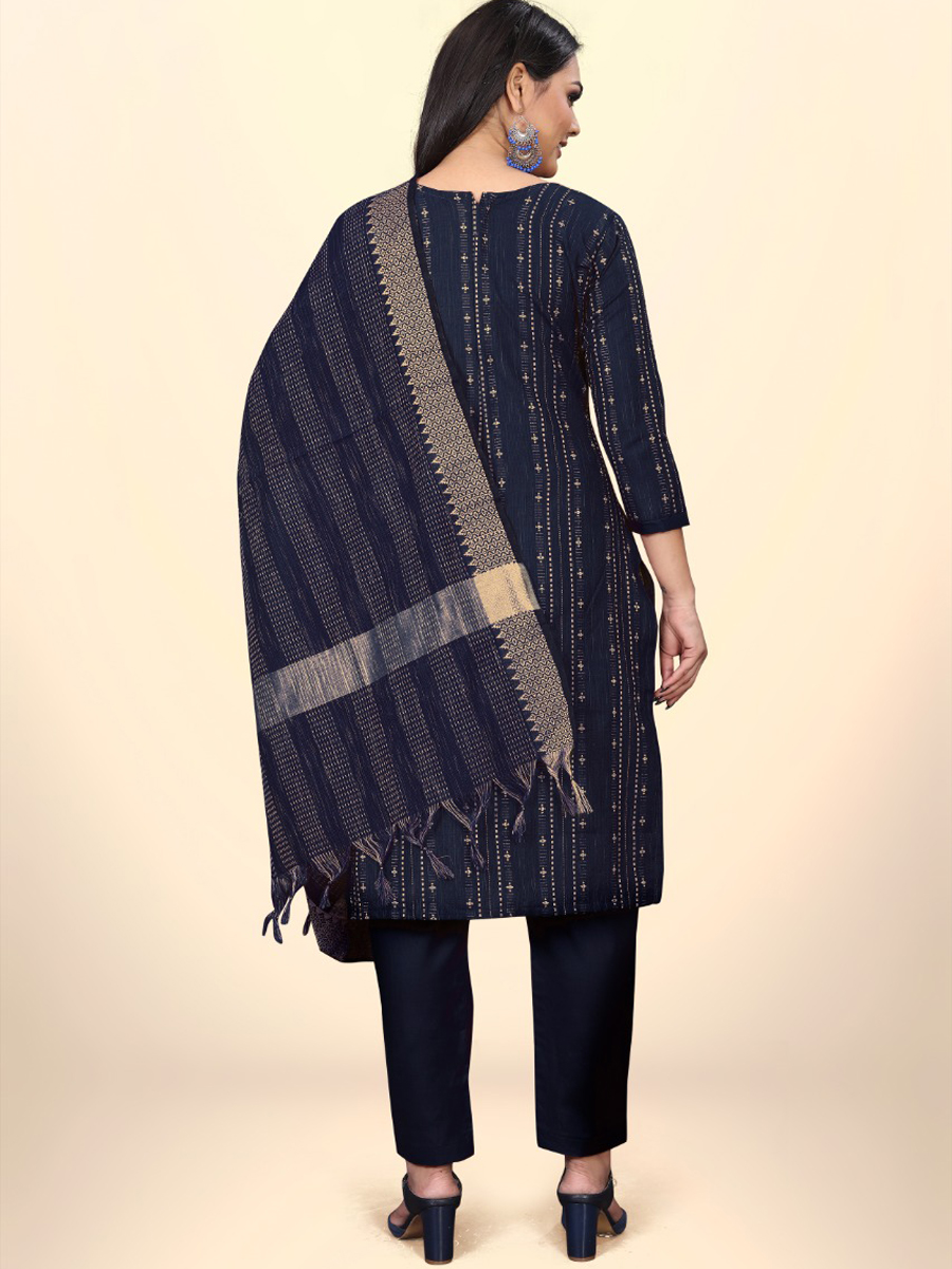 Navy Blue Cotton Jacquard Printed Casual Festival Pant Salwar Kameez