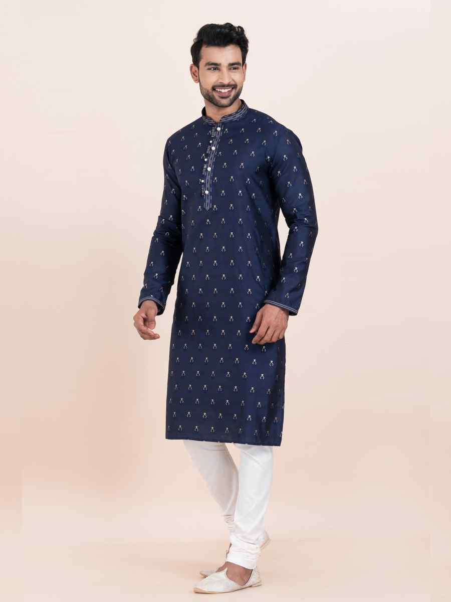 Navy Blue Cotton Jacquard Printed Festival Wedding Kurta Pyjama Men039s Wear