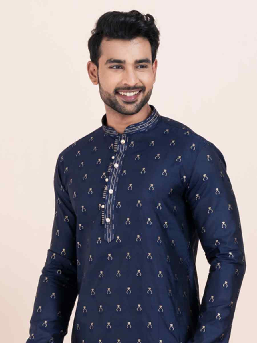 Navy Blue Cotton Jacquard Printed Festival Wedding Kurta Pyjama Men039s Wear