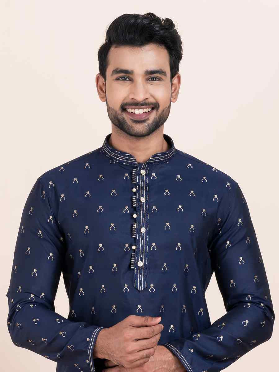Navy Blue Cotton Jacquard Printed Festival Wedding Kurta Pyjama Men039s Wear