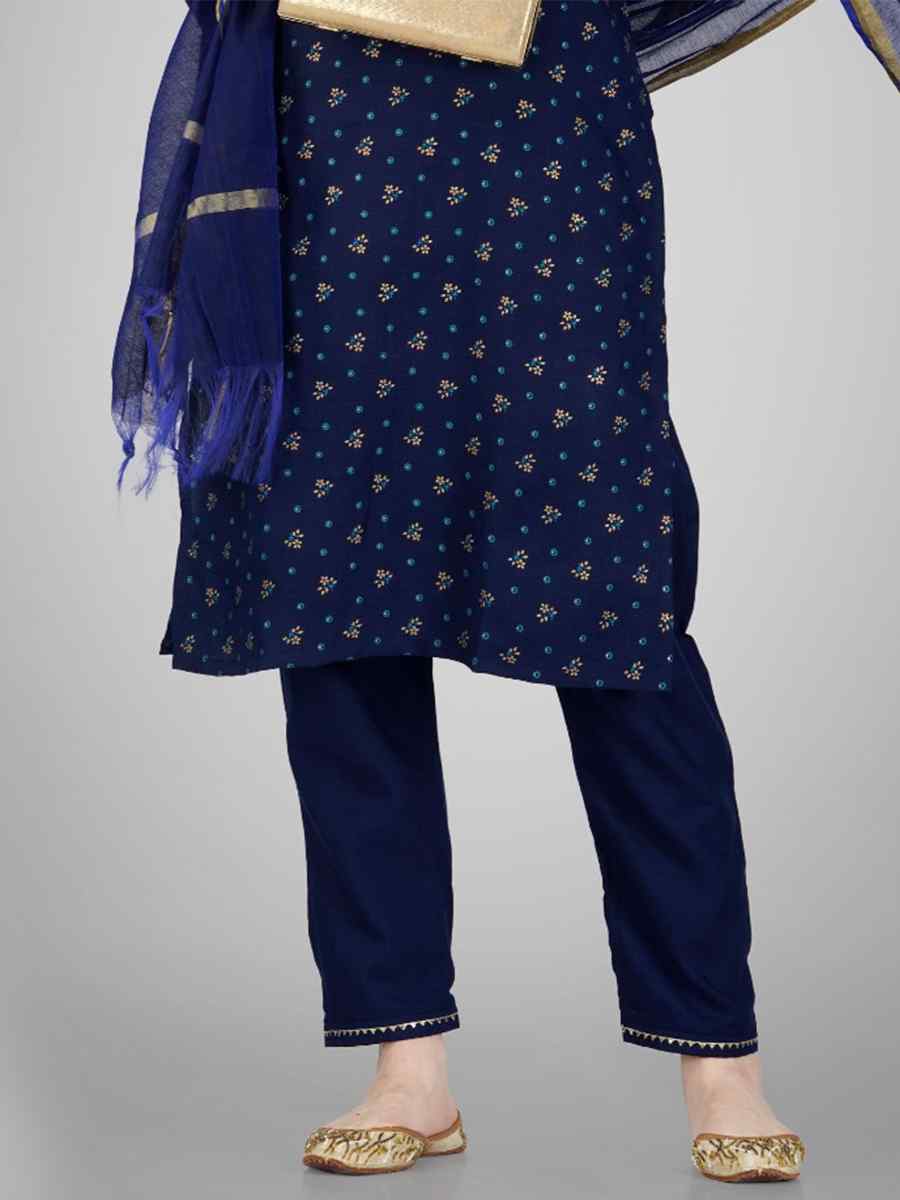 Navy Blue Cotton Magic Slub Embroidered Festival Casual Ready Pant Salwar Kameez
