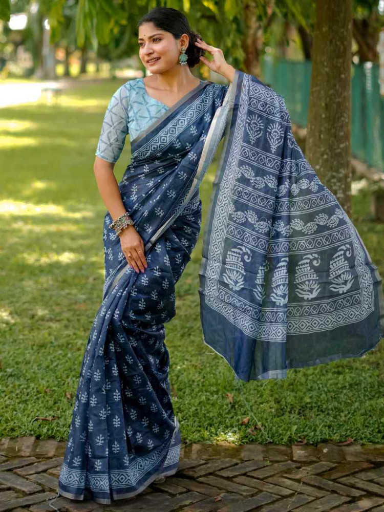 Image of Navy Blue Cotton Printed Casual Reception Festival Wedding Fancy Classic Style Sarees