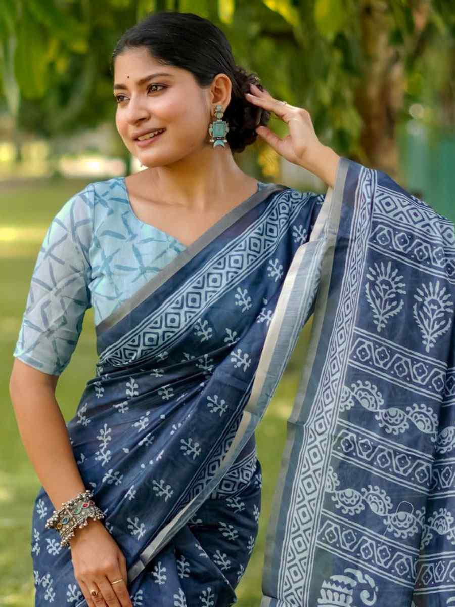 Navy Blue Cotton Printed Casual Reception Festival Wedding Fancy Classic Style Sarees