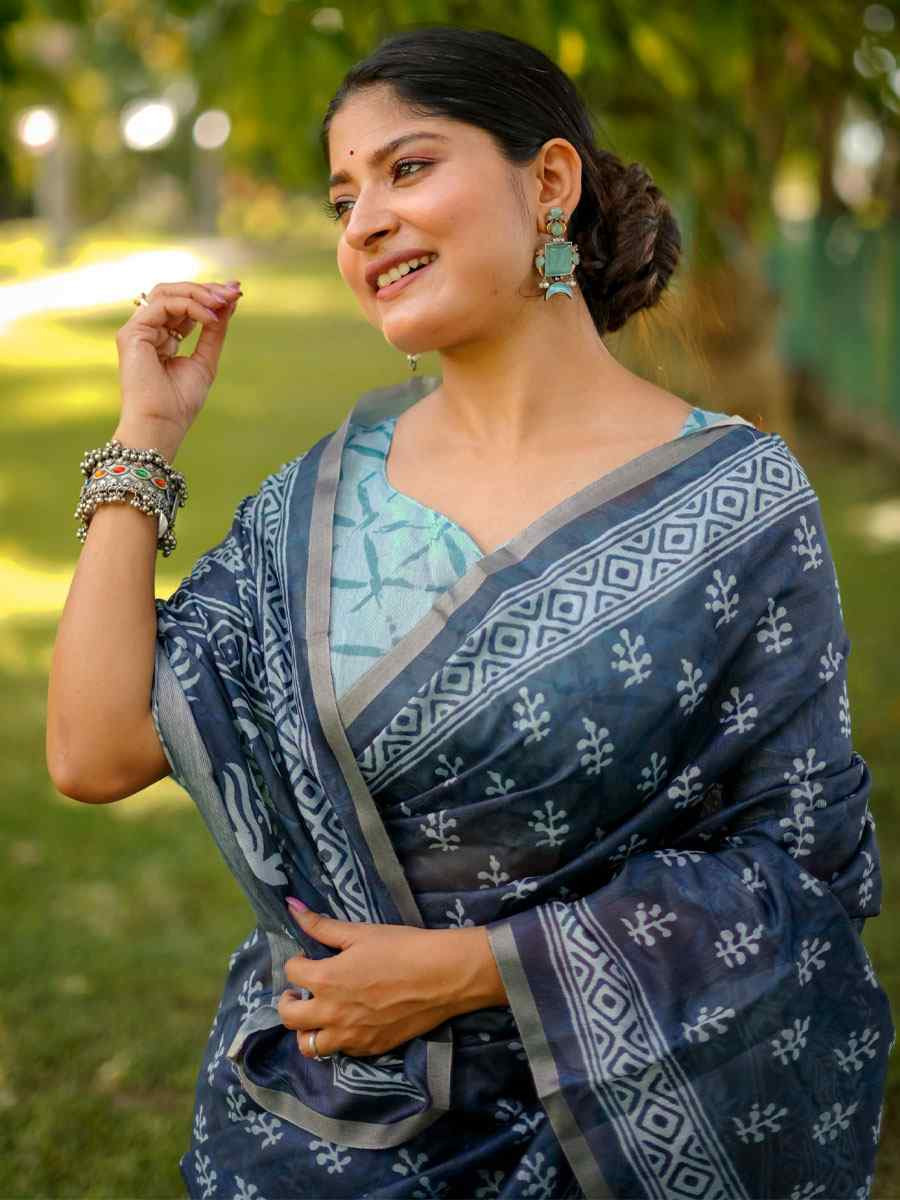 Navy Blue Cotton Printed Casual Reception Festival Wedding Fancy Classic Style Sarees