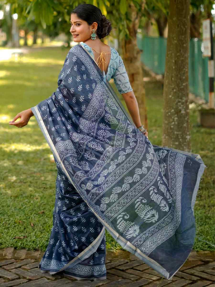 Navy Blue Cotton Printed Casual Reception Festival Wedding Fancy Classic Style Sarees
