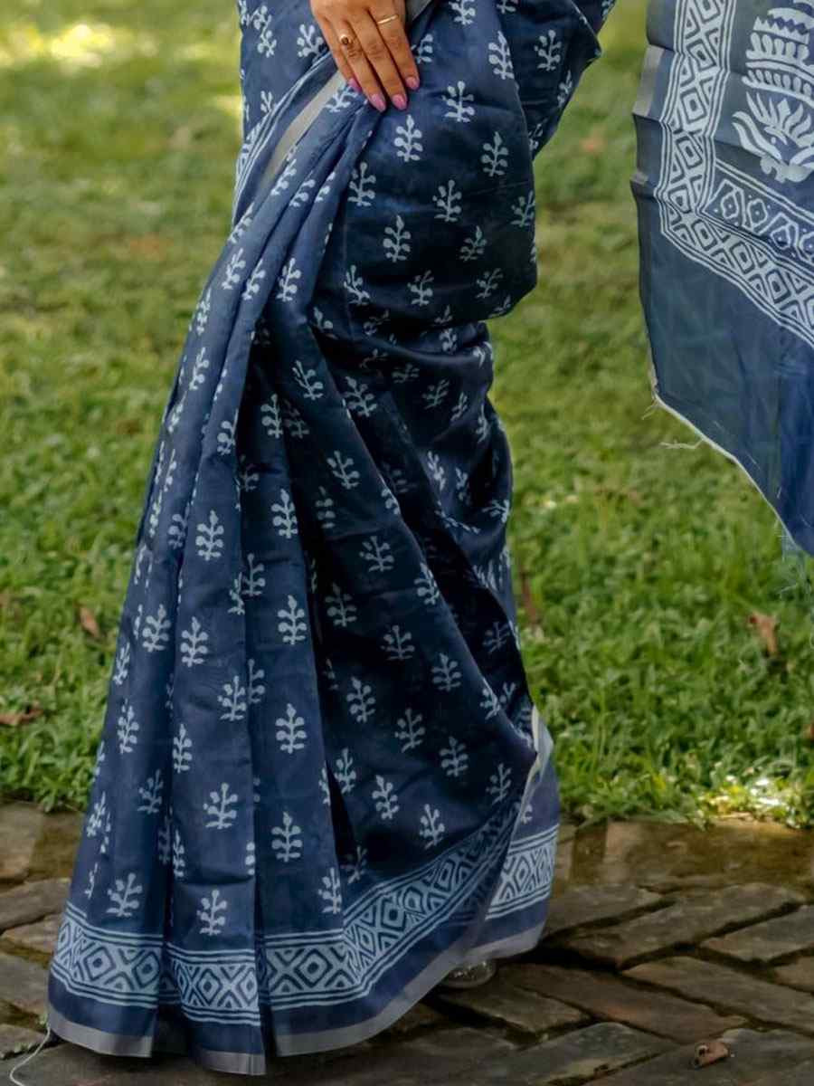 Navy Blue Cotton Printed Casual Reception Festival Wedding Fancy Classic Style Sarees