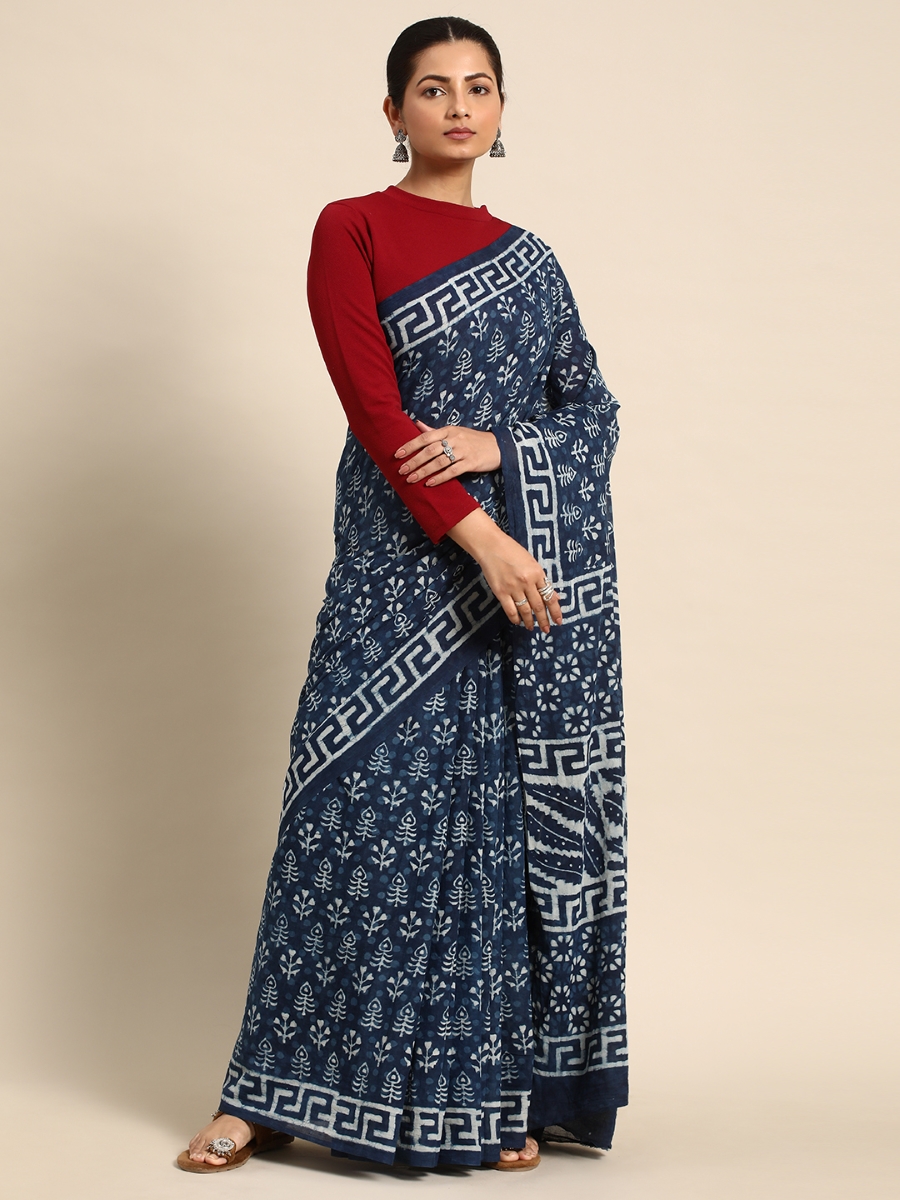 Navy Blue Cotton Printed Festival Casual Contemporary Sarees