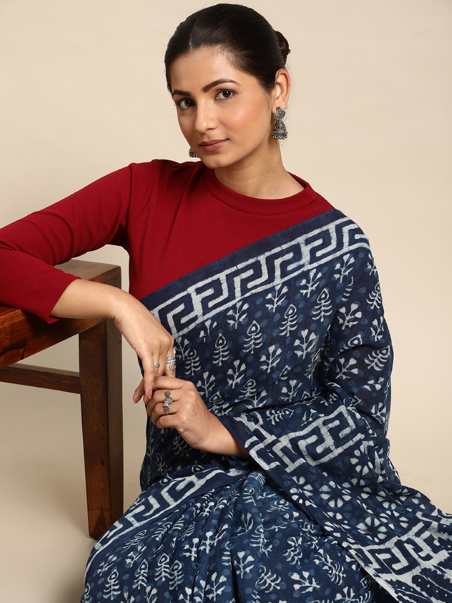 Navy Blue Cotton Printed Festival Casual Contemporary Sarees