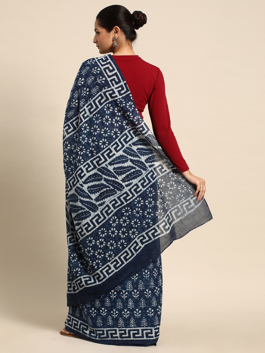 Navy Blue Cotton Printed Festival Casual Contemporary Sarees