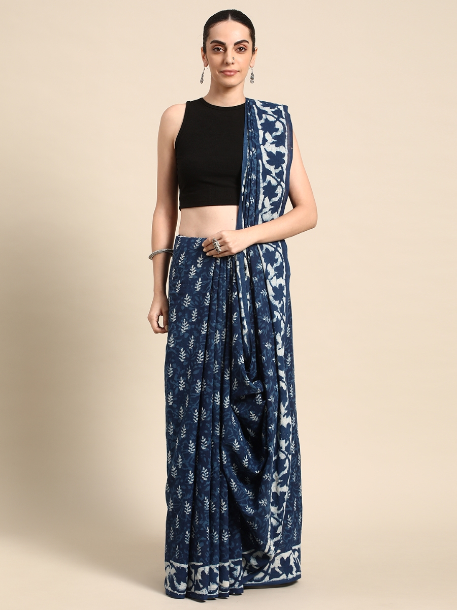 Navy Blue Cotton Printed Festival Casual Contemporary Sarees