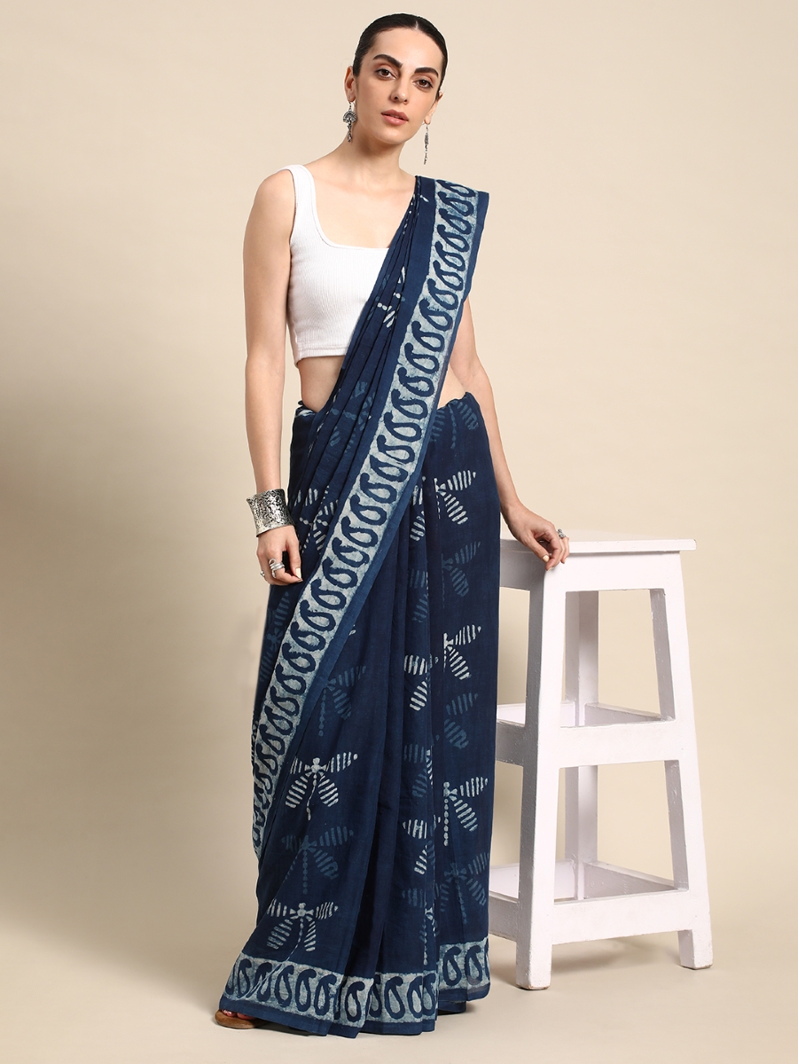 Navy Blue Cotton Printed Festival Casual Contemporary Sarees