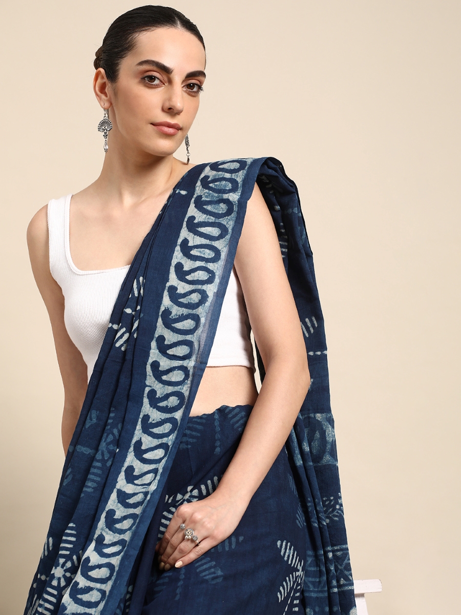 Navy Blue Cotton Printed Festival Casual Contemporary Sarees