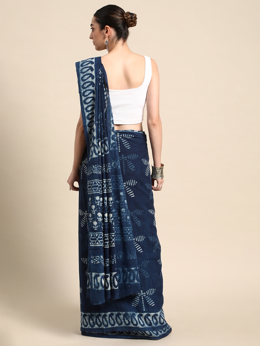 Navy Blue Cotton Printed Festival Casual Contemporary Sarees