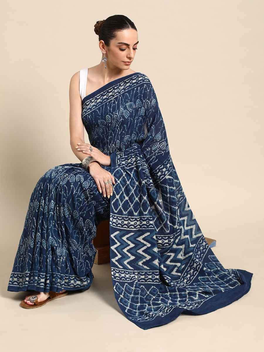 Navy Blue Cotton Printed Festival Casual Contemporary Sarees