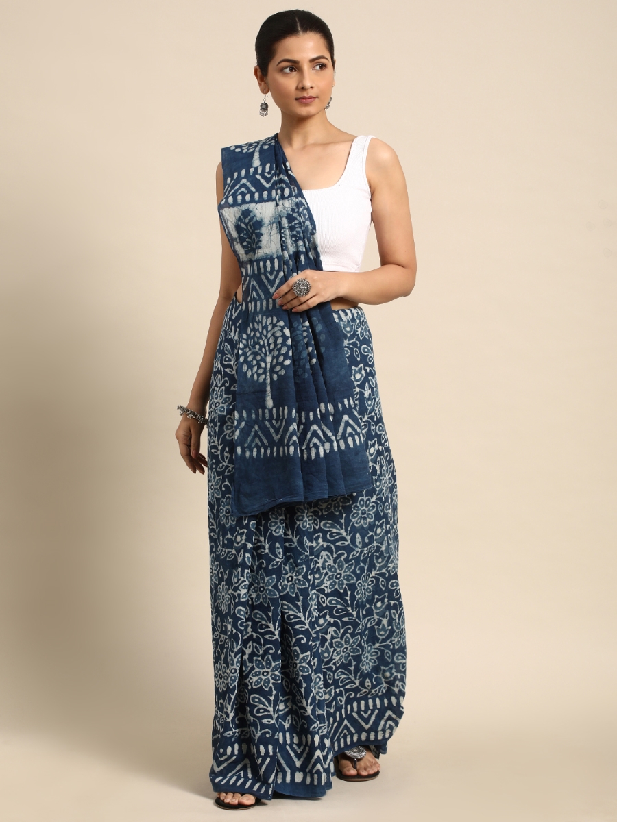 Navy Blue Cotton Printed Festival Casual Contemporary Sarees