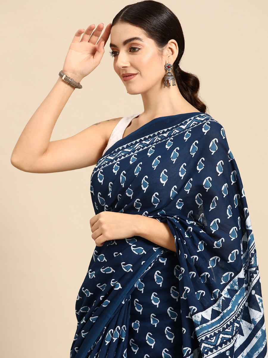 Navy Blue Cotton Printed Festival Casual Contemporary Sarees