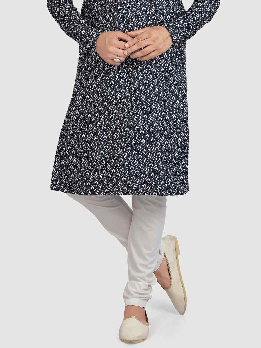 Navy Blue Cotton Printed Festival Casual Kurta