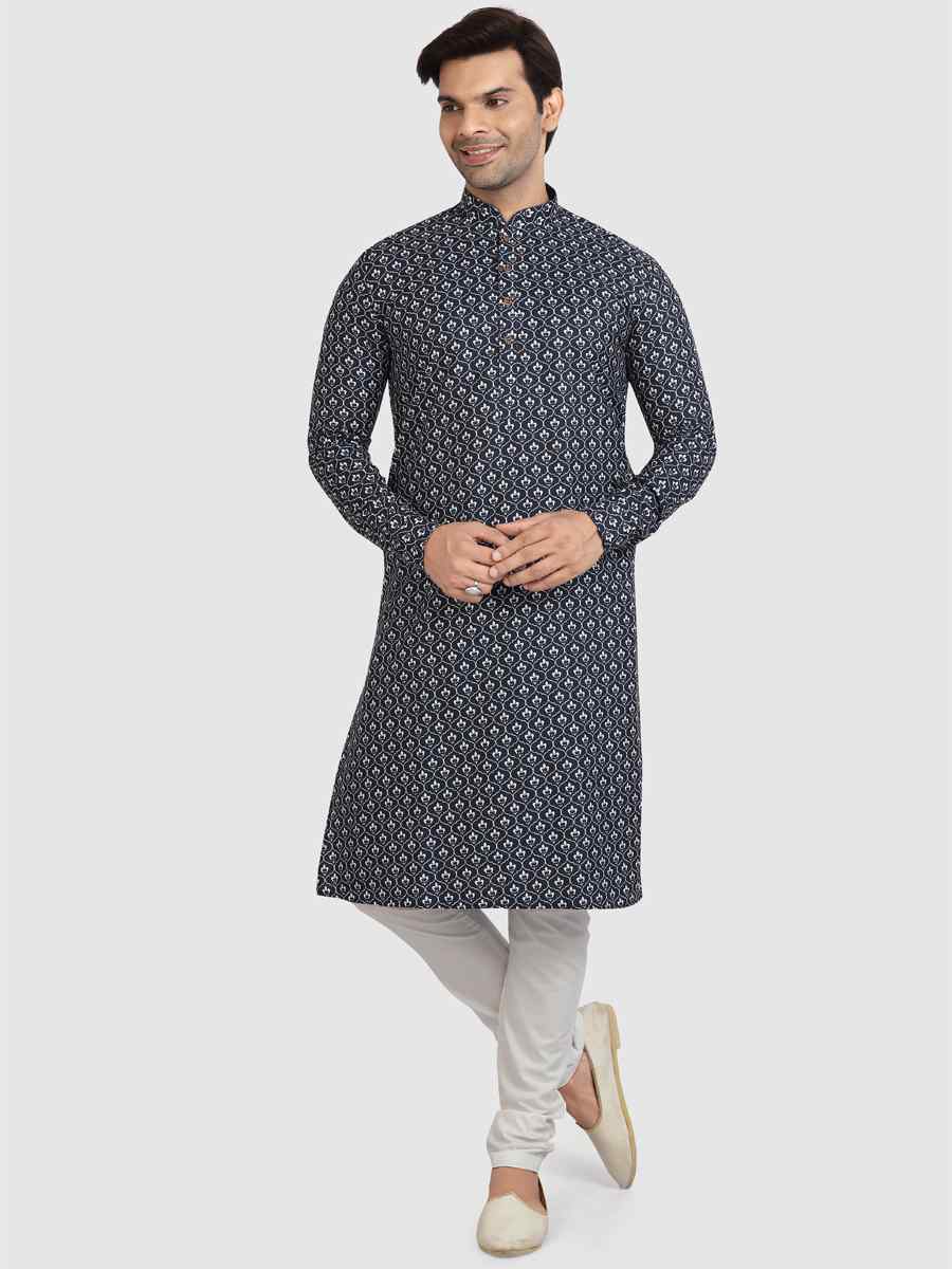 Navy Blue Cotton Printed Festival Casual Kurta