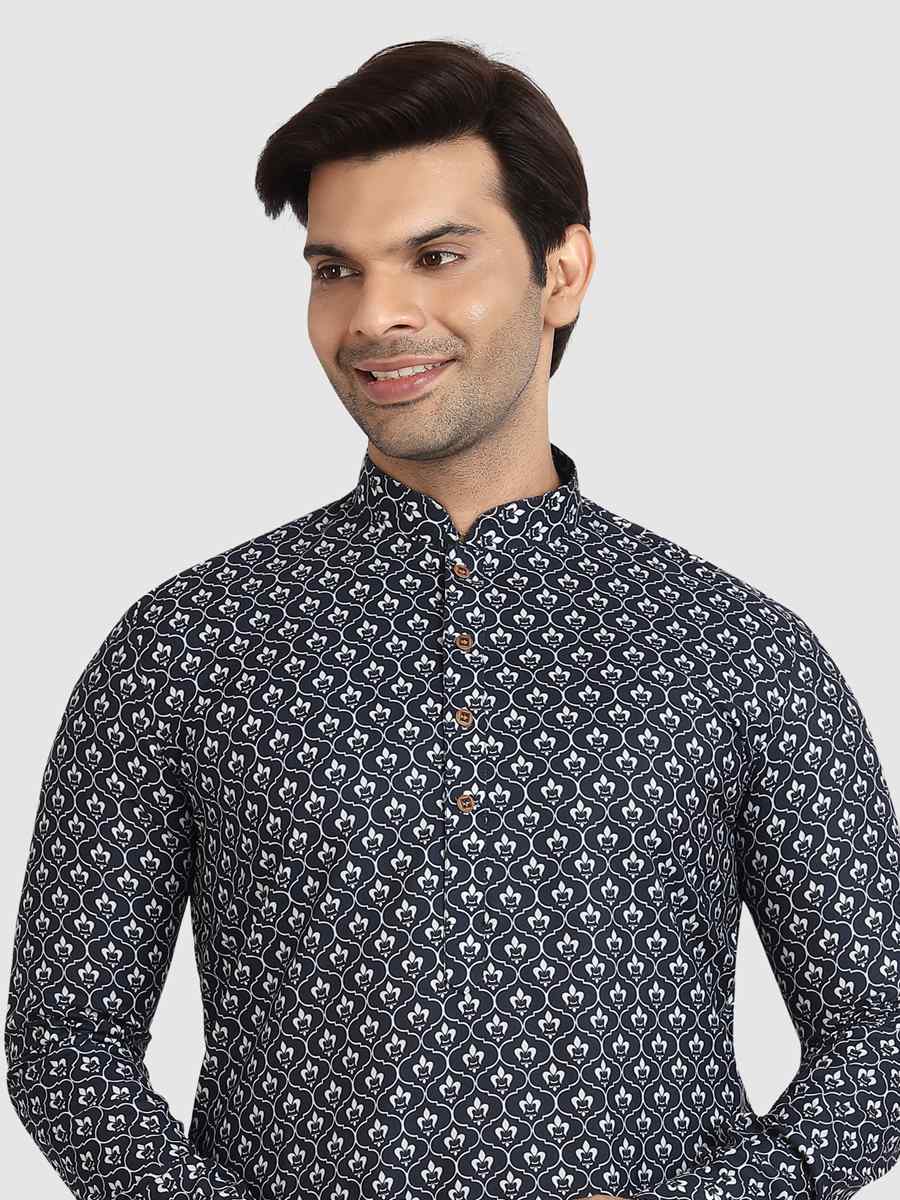 Navy Blue Cotton Printed Festival Casual Kurta