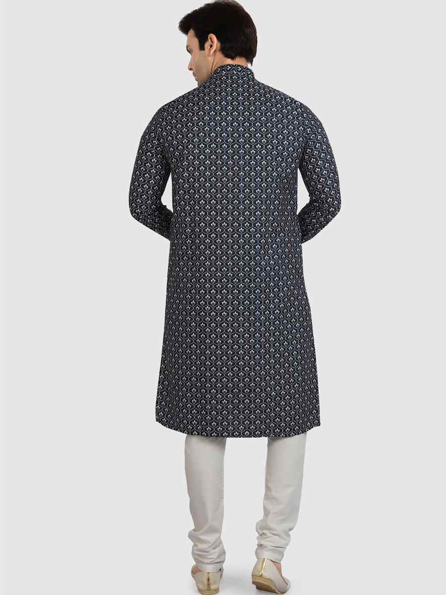 Navy Blue Cotton Printed Festival Casual Kurta