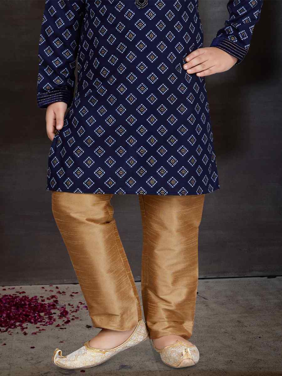 Navy Blue Cotton Printed Festival Traditional Kurta Pyjama Boys Wear
