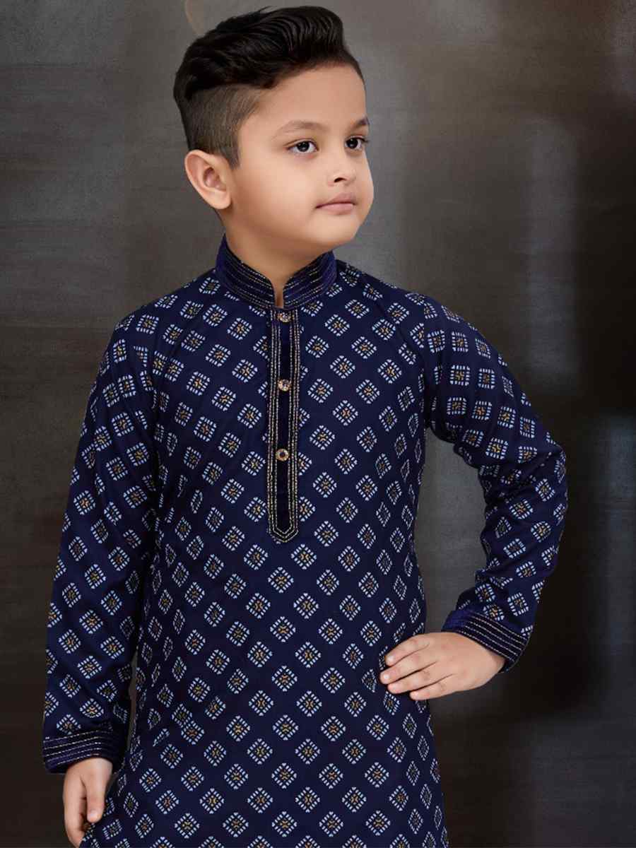 Navy Blue Cotton Printed Festival Traditional Kurta Pyjama Boys Wear