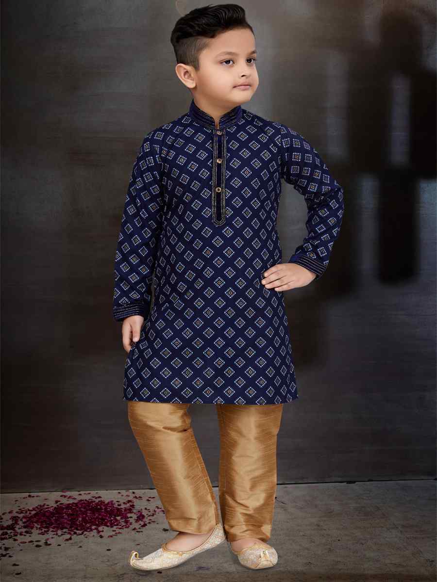 Navy Blue Cotton Printed Festival Traditional Kurta Pyjama Boys Wear