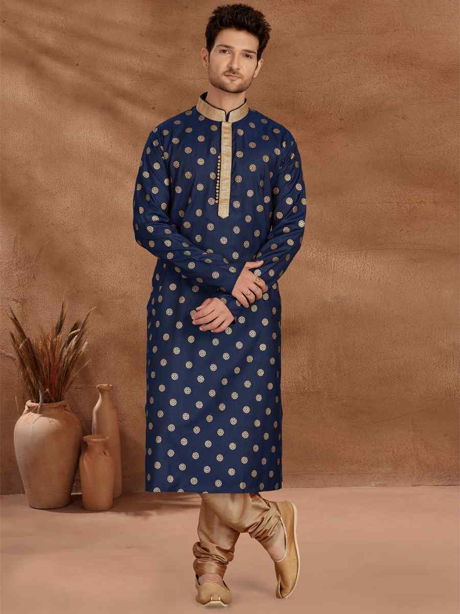 Navy Blue Cotton Printed Party Wedding Kurta
