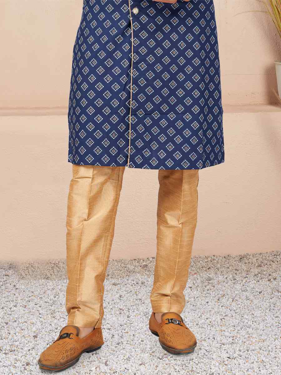 Navy Blue Cotton Printed Wedding Festival Sherwani