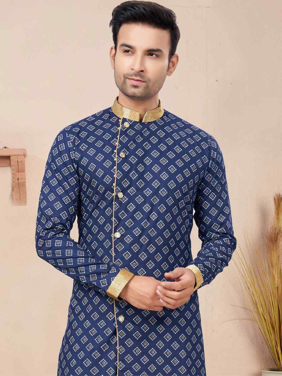 Navy Blue Cotton Printed Wedding Festival Sherwani