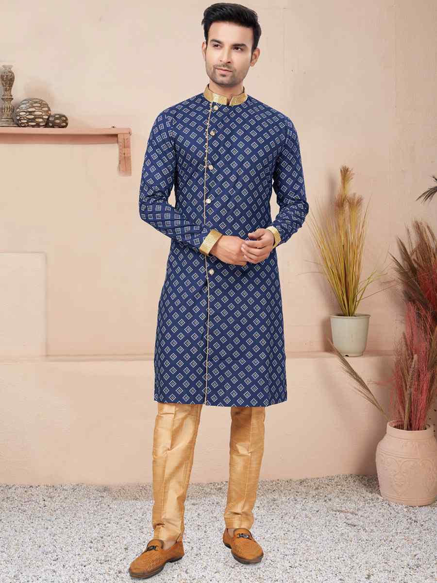 Navy Blue Cotton Printed Wedding Festival Sherwani