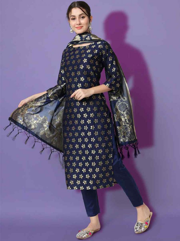 Navy Blue Cotton Silk Blend Handwoven Festival Mehendi Ready Pant Salwar Kameez