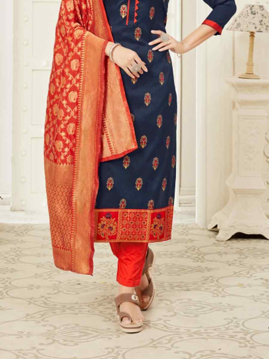Navy Blue Cotton Silk Blend Handwoven Wedding Festival Pant Salwar Kameez