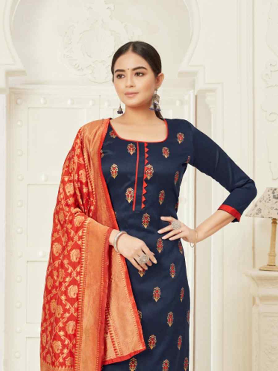 Navy Blue Cotton Silk Blend Handwoven Wedding Festival Pant Salwar Kameez